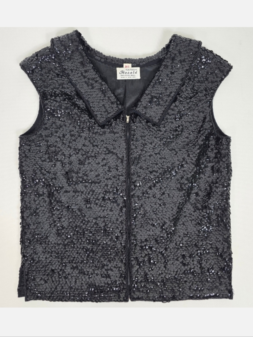 Vintage Herald Hong Kong Black Sequin Beaded Wool Vest Floral Zip Front Small